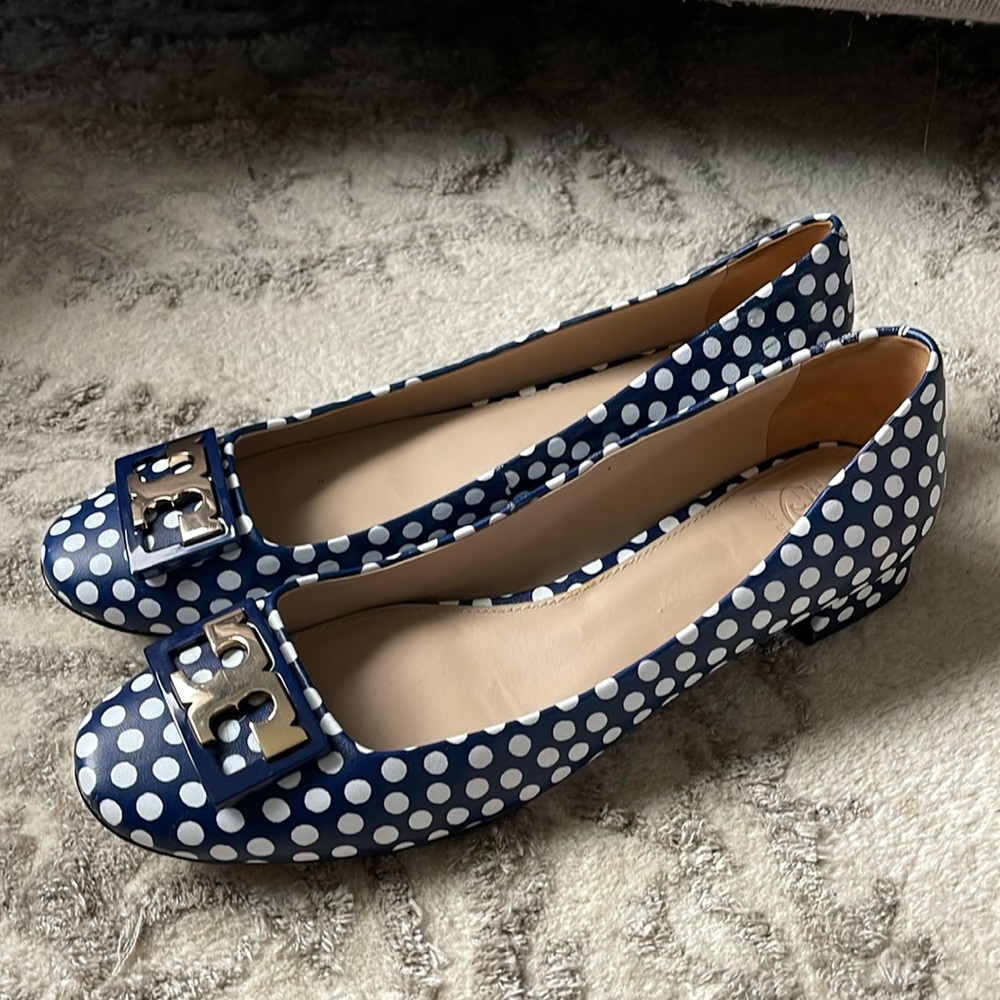 Tory Burch Navy Blue and White Polka Dot Logo Ballet Flats